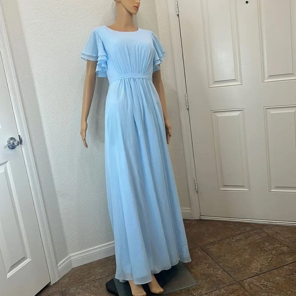 JJ’S House Formal Womans  Dress Blue Scoop Neck Flutter Sleeve Maxi Sheer Lined